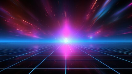 Poster - A vibrant, futuristic landscape featuring a glowing central point with colorful light streaks, set against a grid-like floor.