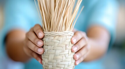 Bamboo basket weaving by an Indian artisan in a serene workshop