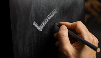 Poster - Business document organization concept businessman drawing check mark on chalkboard document management system