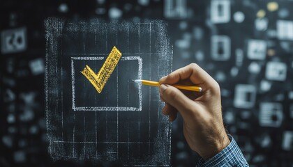 Poster - Business document organization concept businessman drawing check mark on chalkboard document management system