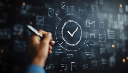 Poster - Business document organization concept businessman drawing check mark on chalkboard document management system
