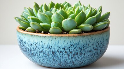 Aufkleber - A vibrant green succulent plant thrives in a rustic blue ceramic bowl, showcasing its healthy leaves and earthy tones against a neutral background.