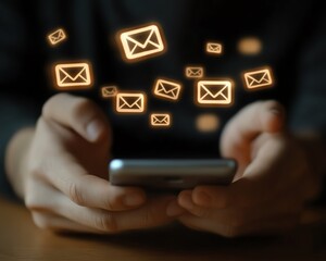 Poster - Smartphone with email icon closeup male hands tapping screen at table using email app for communication