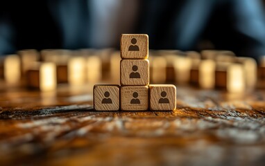 Poster - Business growth strategy personal development stacking wood blocks on table with growth arrows and businessperson icons
