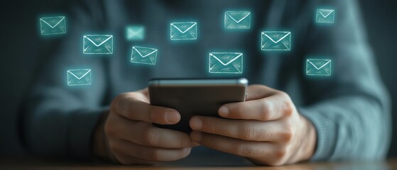 Poster - Male hands on smartphone screen using email app at table with email icon digital communication concept