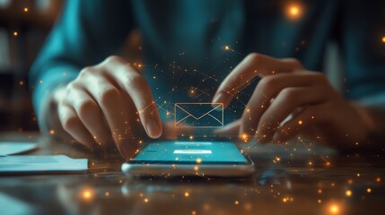 Fototapete - Male hands touching smartphone screen using email app at table with email icon digital correspondence