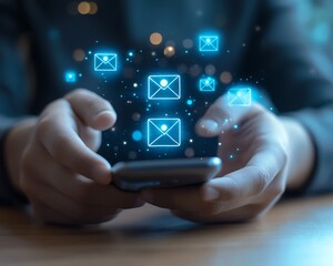 Poster - Male hands using email app on smartphone screen closeup at table with email icon concept business communication