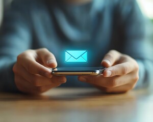 Fototapete - Male hands using email app on smartphone screen closeup at table with email icon concept business communication