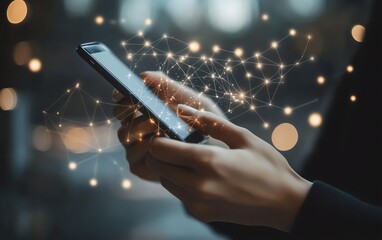 Poster - Male hands using smartphone screen sending message in online people network concept of social media communication