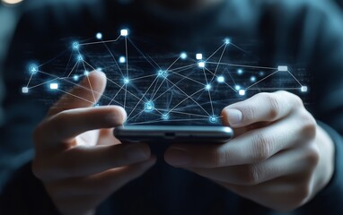 Poster - Male hands using smartphone screen sending message in online people network concept of social media communication