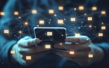 Poster - Male hands using smartphone screen sending message in online people network concept of social media communication
