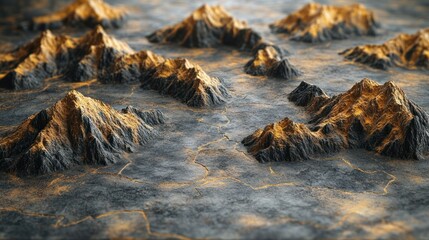 Poster - Abstract 3D rendering of a golden mountain range landscape.