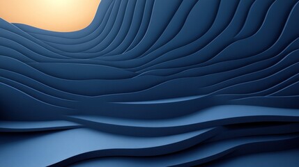 Poster - Abstract 3D rendering of undulating navy blue layers creating a wave-like pattern with a warm light source at the top.