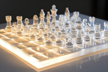 A close-up of a chessboard, showing every square and piece with amazing precision