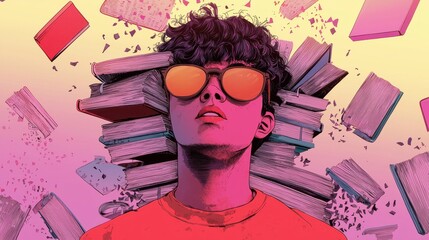 Poster - A colorful, stylized portrait of a young man with curly hair and sunglasses, surrounded by abstract shapes and vibrant hues.
