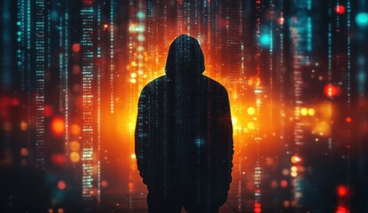 mysterious hacker silhouetted in abstract binary code background with light effects - tech-themed gr