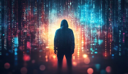 mysterious hacker silhouetted in abstract binary code background with light effects - tech-themed gr