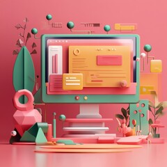 Poster - A colorful 3D illustration of a computer with vibrant geometric shapes and plants, set against a pink background, symbolizing creativity and digital design.