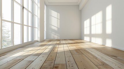 Poster - A bright, empty room with wooden floors and large windows, allowing natural light to create shadows on the walls.