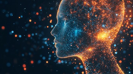 Poster - Digital human profile in a network of blue and orange lines,  glowing particles, tech background