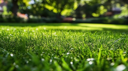 Wall Mural - Lush green grass in sunlight, shallow depth of field, close-up view of blades.