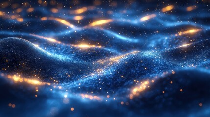 Poster - Abstract blue and gold particle wave background.