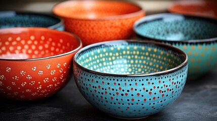 Wall Mural - Colorful hand-painted ceramic bowls in various sizes and patterns, close-up view.