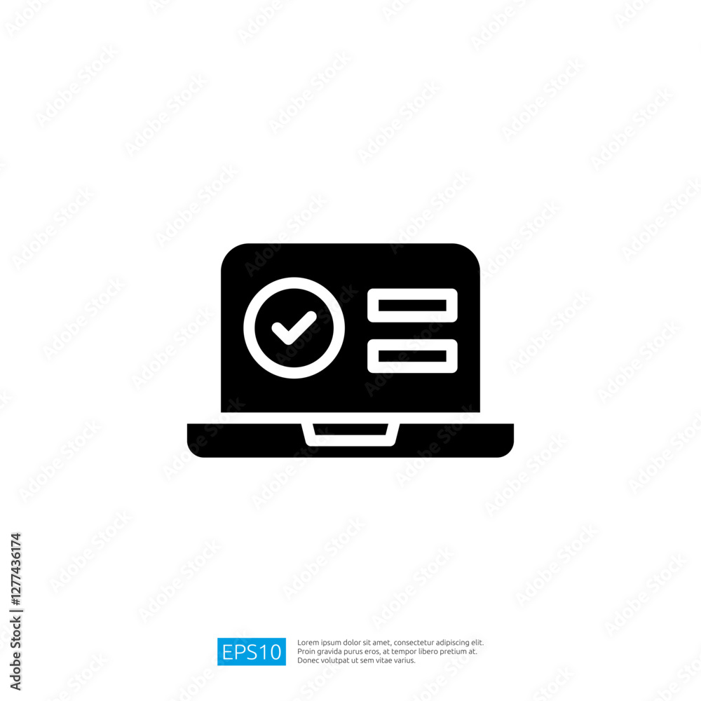 Laptop Icon Featuring a Checkmark and Data Fields Symbolizing Digital ...