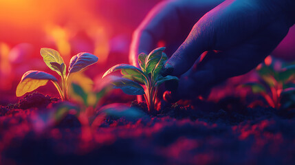 Wall Mural - planting seedlings in the garden with hands representing environmental stewardship and growth