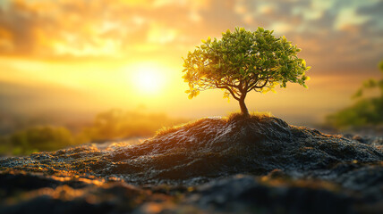 Wall Mural - small tree growing with sunrise in a panoramic view representing sustainability and earth day concep
