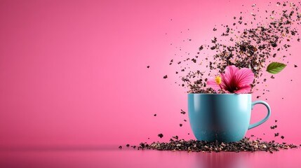 Teal mug with hibiscus flower and exploding tea leaves on pink background.
