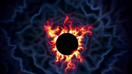 Poster - Solar eclipse with fiery corona against dark sky, intense red and orange flames. Astronomical phenomenon and cosmic event concept