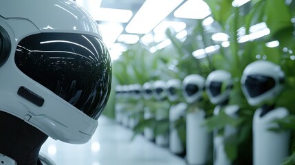 Poster - A futuristic scene featuring humanoid robots wearing helmets, lined up in a lush environment with greenery and modern lighting.