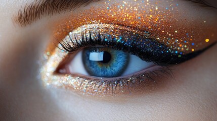 Wall Mural - Close-up of a blue eye with gold and bronze glitter eyeshadow and winged eyeliner.