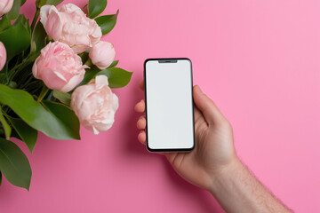 Poster - Smartphone in hand with blank screen surrounded by pink flowers on pink background. Smartphone held in hand for mockup surrounded by flowers. Smartphone with blank screen held in hand
