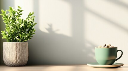 Poster - Sunlight illuminates a plant and coffee cup with marshmallows on a wooden surface against a white wall.