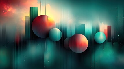 Poster - Abstract city skyline with colorful spheres, futuristic design, digital art.
