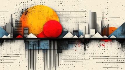 Poster - Abstract cityscape with geometric shapes, vibrant colors, and grunge texture.