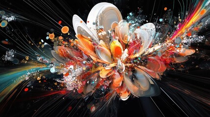 Aufkleber - Abstract colorful explosion of shapes and particles on black background.