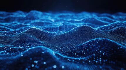 Poster - Futuristic digital wave composed of glowing blue particles forming a dynamic abstract landscape on a dark background. Ideal for AI, big data, technology, and innovation concepts