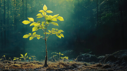 Wall Mural - a young tree sapling in the sunlit forest setting highlighting the importance of reforestation and e