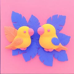 Poster - cute and stylized cartoon like birds with vibrant leaf foliage floral abstract art design in minimal