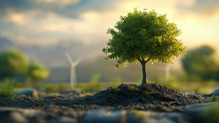 Wall Mural - tree growing from soil with energy icons representing earth day and renewable energy for sustainabil