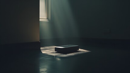 Poster - A dark room with a window that is letting in sunlight. A black box is sitting on the floor in the room