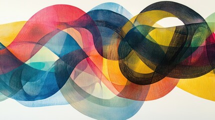 Aufkleber - Abstract colorful wave painting with overlapping translucent layers creating a flowing, dynamic composition.