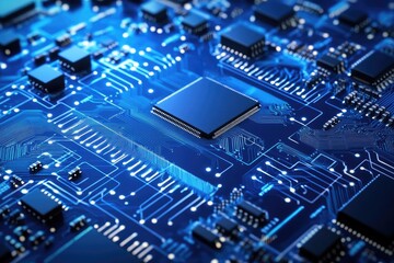 Poster - Close-up of a blue circuit board with a central microchip and glowing electronic pathways, symbolizing advanced technology, computing, and innovation. Ideal for AI, data processing