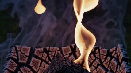 Poster - Close-up of burning charred wood with flames and smoke against a dark background. Fire and warmth concept