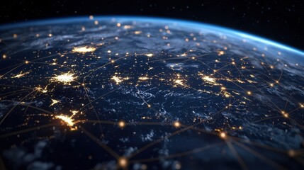 Poster - A stunning view of Earth from space, showcasing illuminated cities and a network of connections over a dark backdrop of the universe.