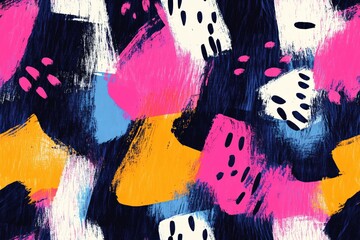 Wall Mural - Seamless vibrant abstract pattern featuring bold brush strokes in pink, blue, yellow, and black. The design includes irregular shapes and dots, creating a dynamic and energetic composition.