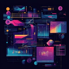 Poster - A vibrant digital interface showcasing data visualizations, charts, and graphs against a dark background.